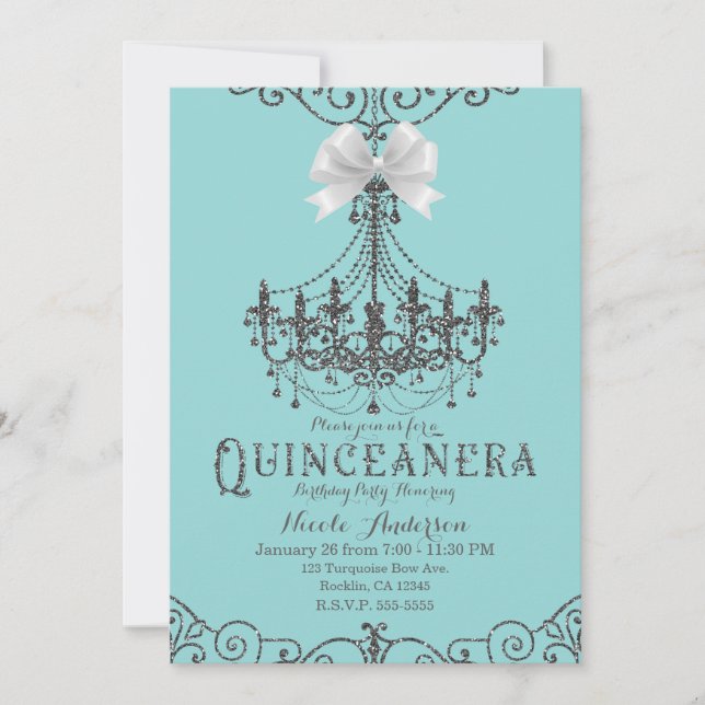 Turkos & Silver Vit Båge Quinceañera 15 15-årsfira Inbjudningar (Framsida)