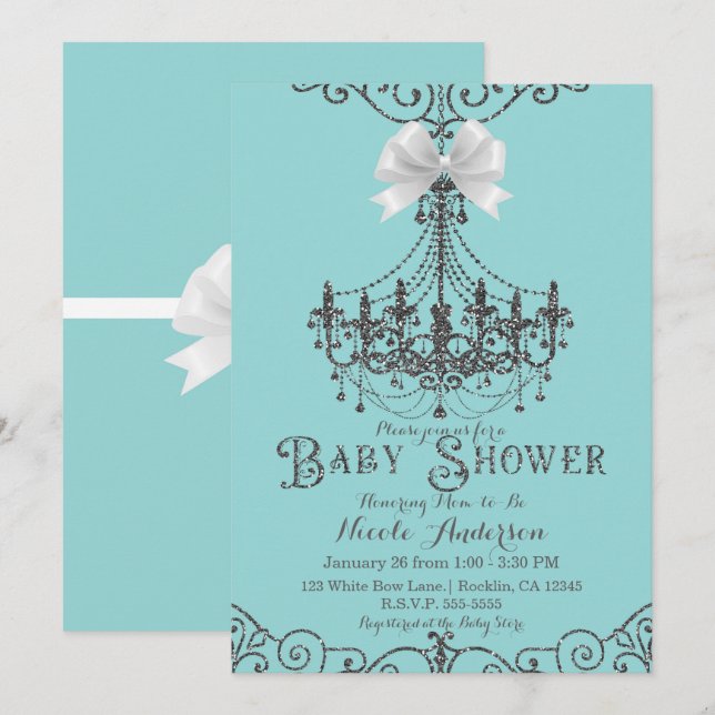 Turkos & Silver White Bow Chic Baby Shower Inbjudningar (Fram/baksida)