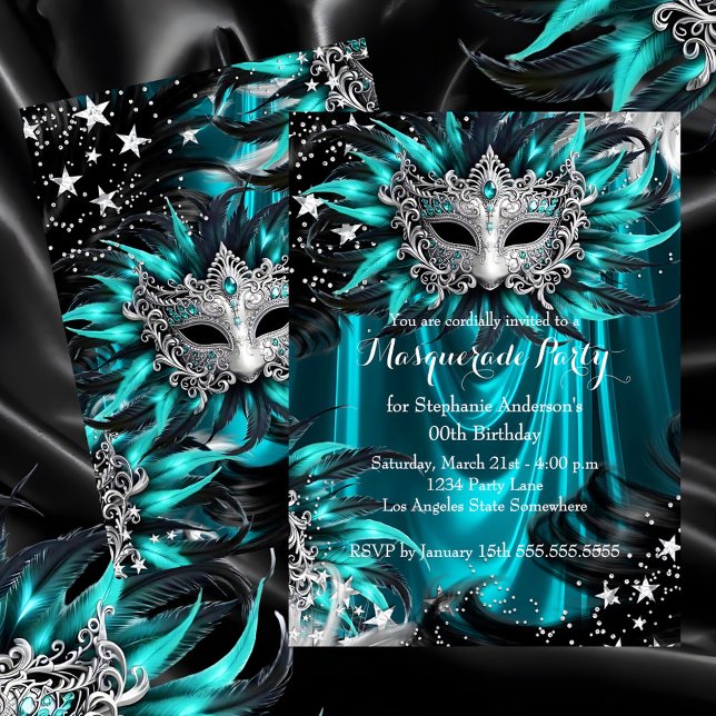 Turkos Silverglitter Magisk Natt Maskeradfest Inbjudningar (Skapare uppladdad)