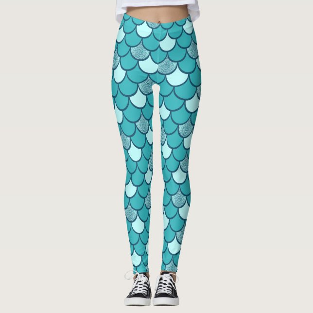 Turkos Sjömansfjäll Mönster med Glitter Leggings (Framsida)