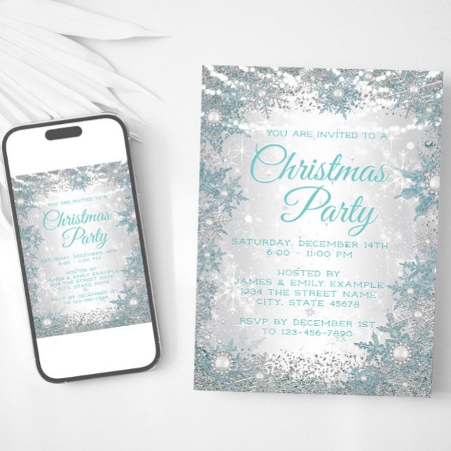 Turkos Snöflinga Julfestinladningar Inbjudningar (Teal blue silver snowflake Christmas party invitation. Available for instant download and print.)