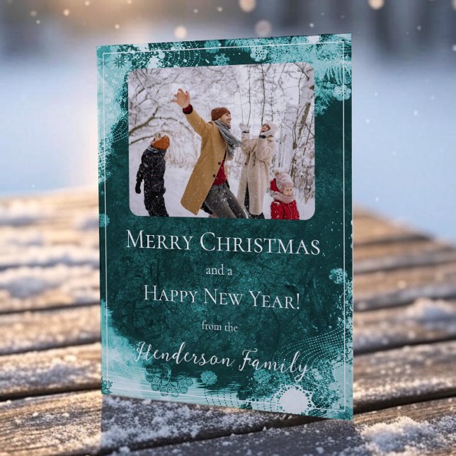 Turkos Snöflinga Platt Högtidlig Fotokort Julkort (Teal Snowflakes Flat Holiday Photo Card)