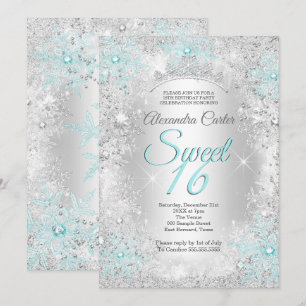 Turkos Snöflinga Sweet 16 Födelsedagsfest Inbjudningar