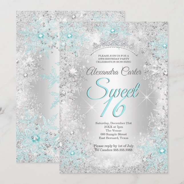 Turkos Snöflinga Sweet 16 Födelsedagsfest Inbjudningar (Fram/baksida)