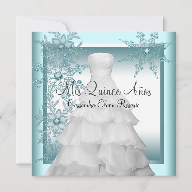 Turkos Snöflinga Vinter Värld Quinceanera Inbjudningar (Framsida)