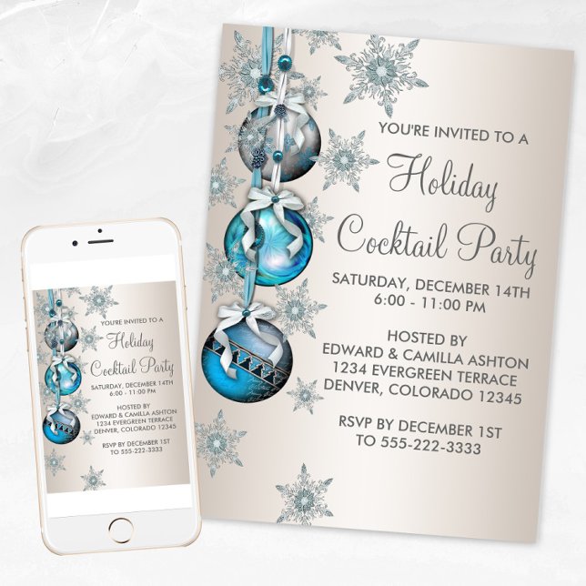 Turkos Snöflingor Ornament Julfest Inbjudningar (Teal blue snowflakes ornament Christmas party invitation. Available for print and instant download.)