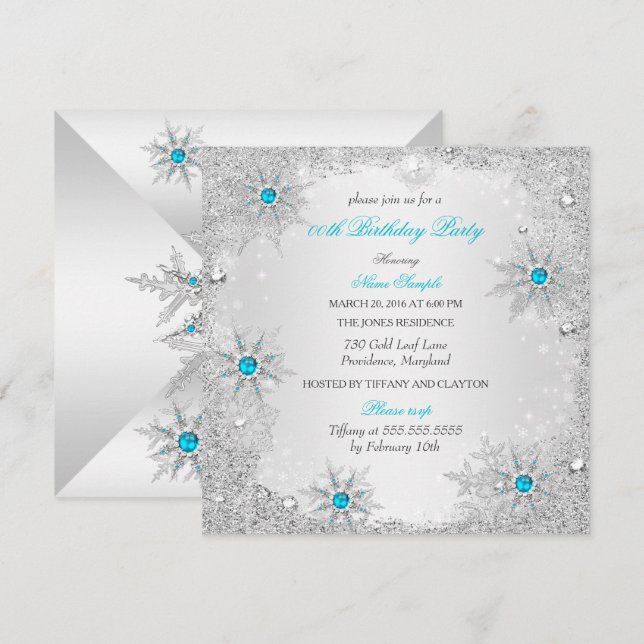 Turkos Snöflingor Vinter Världens Födelsedagsfest Inbjudningar (Fram/baksida)