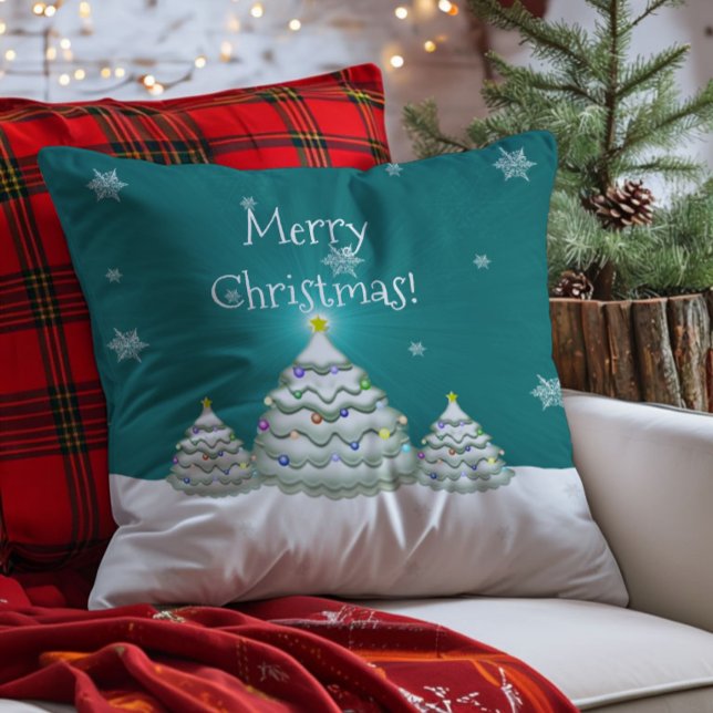 Turkos Snöig Julgran Kastkudde Kudde (Teal Christmas Tree Throw Pillow)