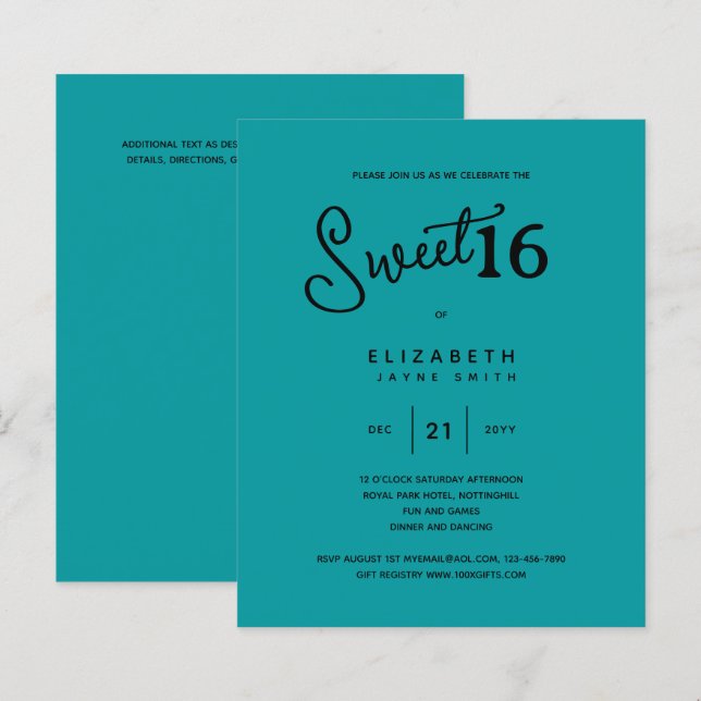 Turkos SÖT 16 Modern Elegant Budget Födelsedag (Fram/baksida)