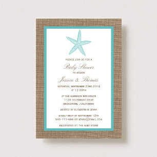 Turkos Starfish Burlap Beach Baby Shower Inbjudningar