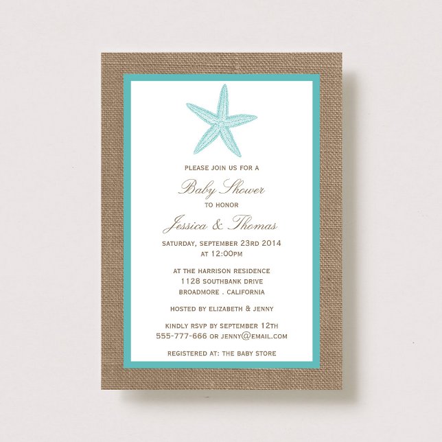 Turkos Starfish Burlap Beach Baby Shower Inbjudningar (Skapare uppladdad)