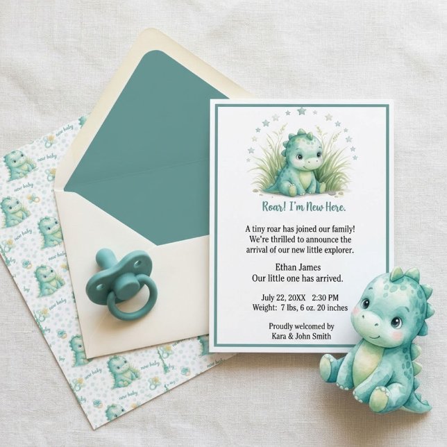 Turkos Stegosaurus Dinosaur Bebis Födelse Tillkänn Anteckningskort ( Create a sweet and celebratory birth announcement for your baby boy featuring an adorable teal steg)
