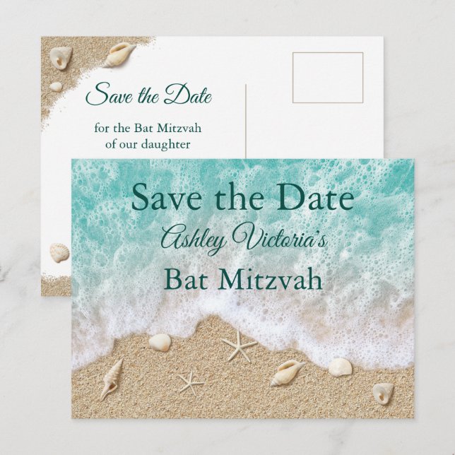 Turkos strandvågor Bat Mitzvah Spara datumet Inbjudan Vykort (Fram/baksida)