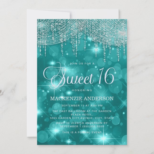 Turkos Strängljus Bokeh Sweet 16 Inbjudningar (Framsida)