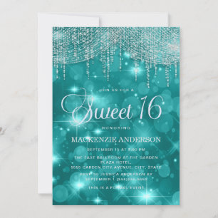 Turkos Strängljus Bokeh Sweet 16 Inbjudningar