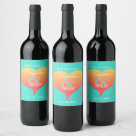 Turkos Sunset Hearts Monogram Vinflaska Etikett
