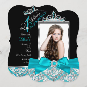 Turkos Svart Damask & Tiara Foto Quinceanera Inbju Inbjudningar