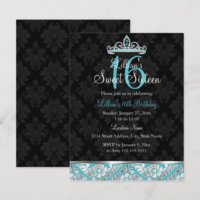 Turkos Svart Damask & Tiara Sweet 16 Inbjudan (Fram/baksida)