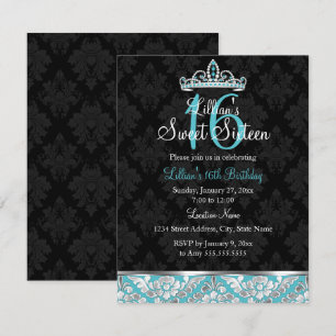 Turkos Svart Damask & Tiara Sweet 16 Inbjudan