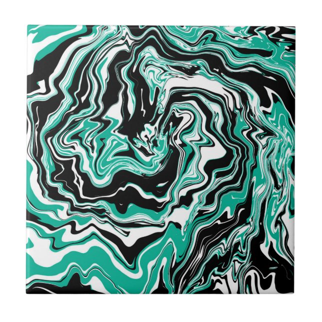 Turkos, svart och vit marmorfluid Art Kakelplatta (Framsidan)