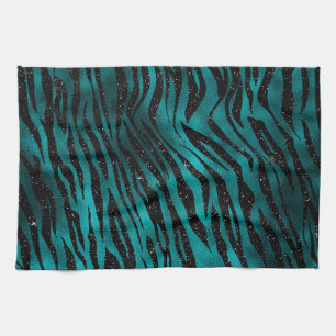 Turkos & Svart Ombre Glam Glitter Tiger Ränder Kökshandduk