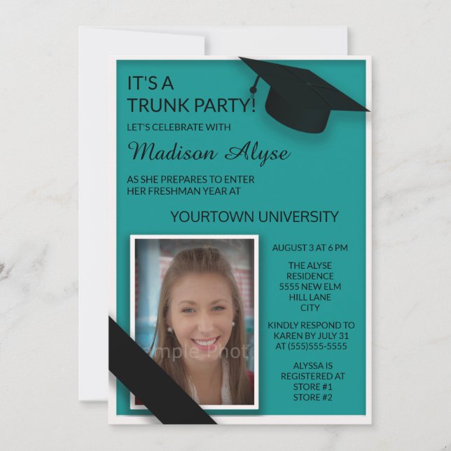 Turkos Svart Universitetskoffert Party Soverom Dus Inbjudningar (Framsida)