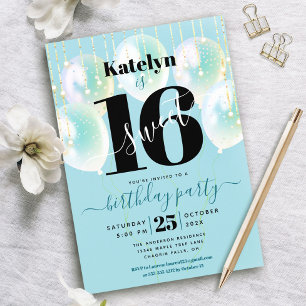 Turkos Sweet 16 Birthday Balloons Script Girly Inbjudningar