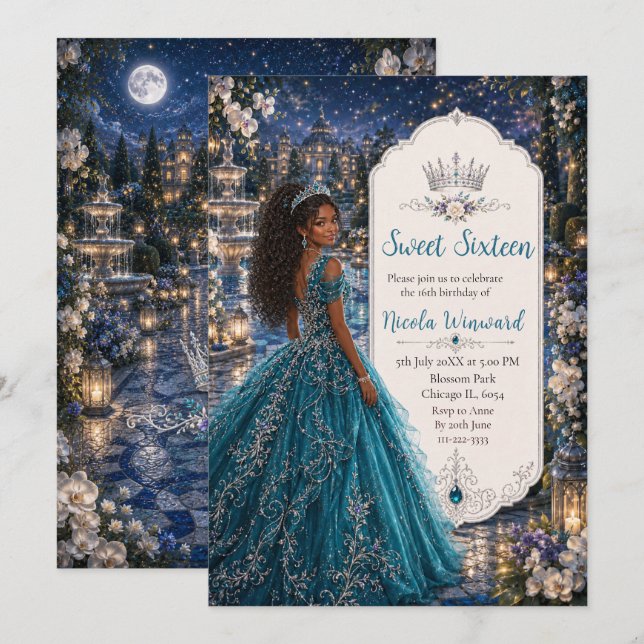 Turkos Sweet 16 Prinsessbal Inbjudningar (Fram/baksida)