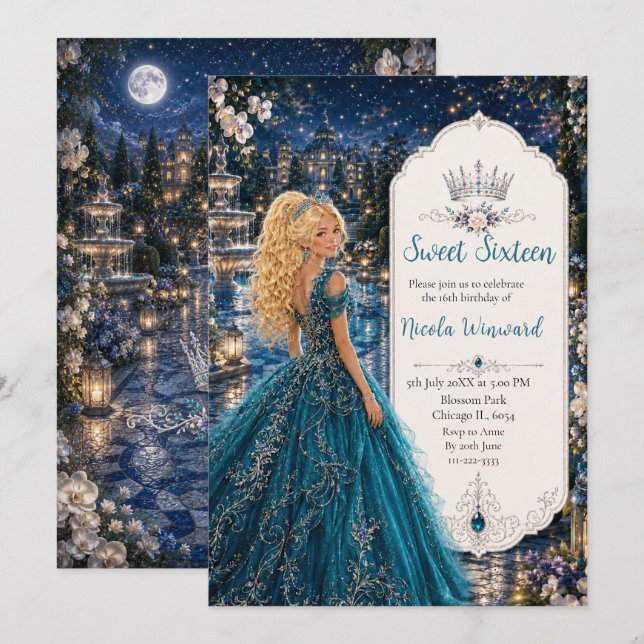 Turkos Sweet 16 Prinsessbal Inbjudningar (Fram/baksida)