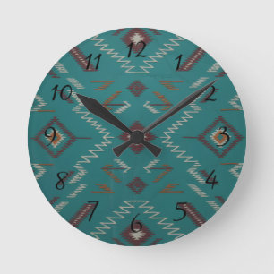 Turkos sydvästlig navajo-geometrisk rund klocka