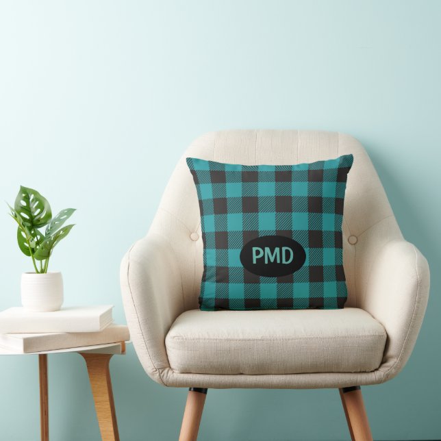 Turkos Teal Blue Black Buffalo Play Monogram Kudde (Stol)