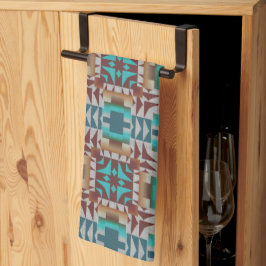 Turkos Teal Blue Mörk Red Brown Grått Tribal Art Kökshandduk