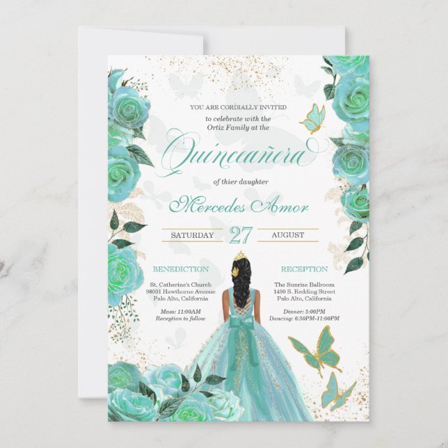 Turkos Teal Blue Ro Butterfly Quinceanera Inbjudningar (Framsida)