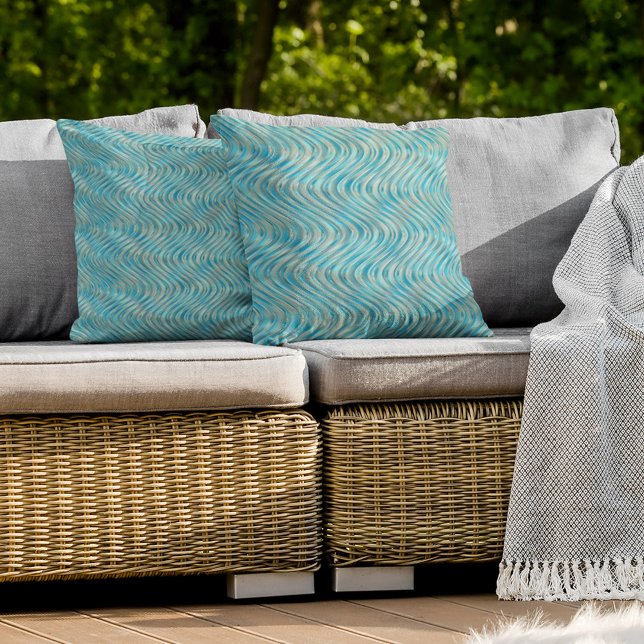 Turkos Teal Blue Taupe Curved Linjer Art Kudde (Skapare uppladdad)