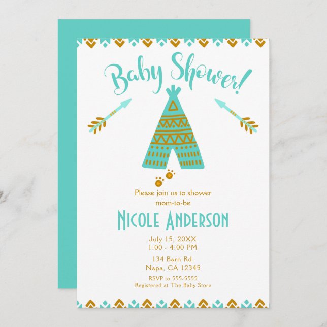 Turkos Teal & Guld Tepee Modern Baby Shower Inbjudningar (Fram/baksida)