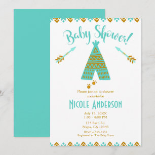 Turkos Teal & Guld Tipi Modern Bebis Bebisfest Inbjudningar