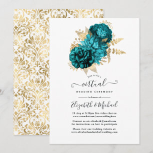 Turkos - Teal och Guld Blommig Bröllop Inbjudningar