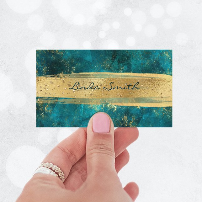 Turkos Teal Stone Glitter Guld-penseldrag Visitkort (Turquoise Teal Stone Glitter Gold Brush Strokes Business Card)