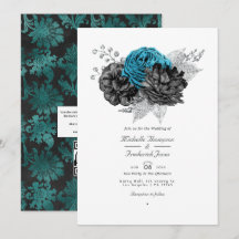 Turkos - Teal Svart och Silver Blommig Bröllop