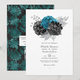 Turkos - Teal Svart och Silver Blommig Bröllop Inbjudningar
