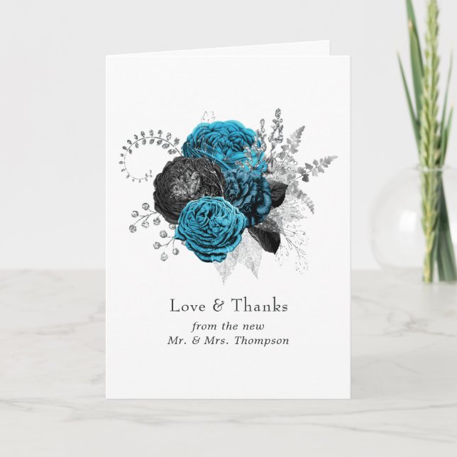 Turkos - Teal Svart och Silver Blommig Bröllop Tack Kort (Framsida)