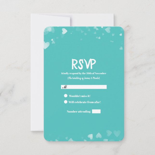 Turkos Teal & Vita Hjärtan Bröllops RSVP OSA Kort (Framsida)