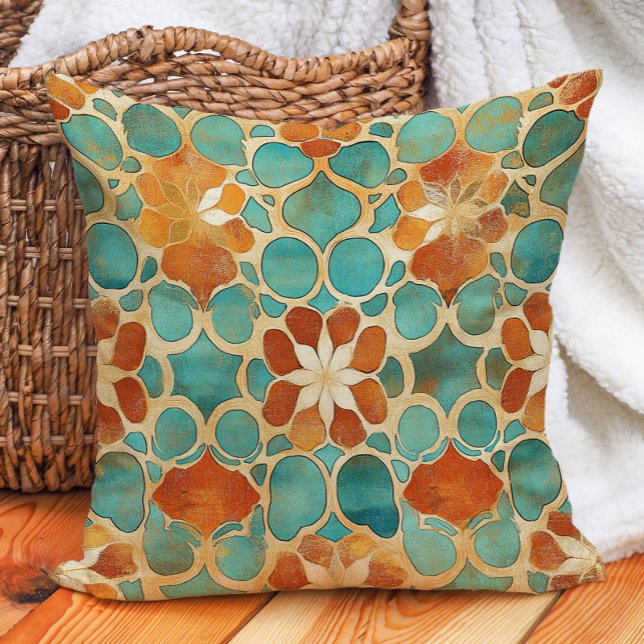 Turkos Terrakotta Marockansk Kakel Boho Jordton Kudde (Turquoise Terracotta Moroccan Tile Boho Earth Tone Throw Pillow)
