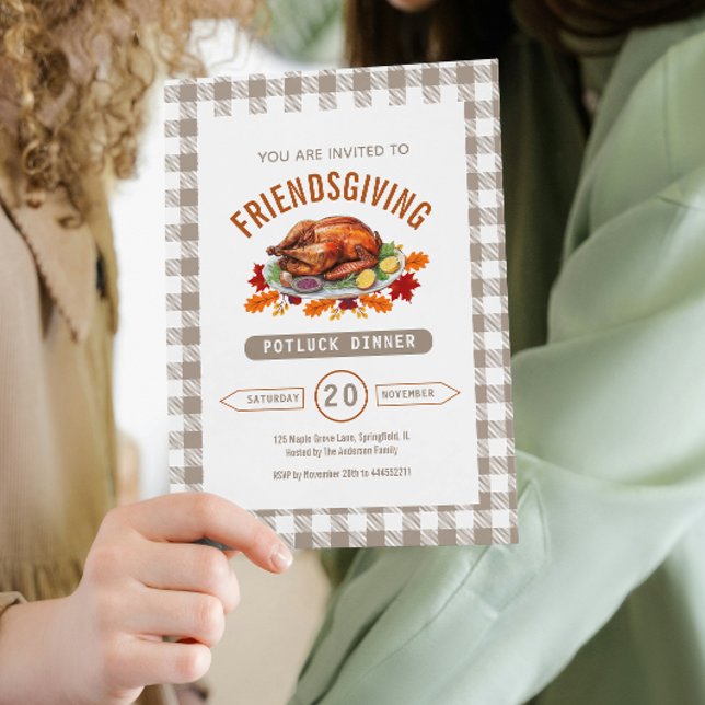 Turkos Thanksgiving Potluck Middag Höst Gingham  Inbjudningar (Turkey Thanksgiving Potluck Dinner Fall Gingham Invitation)