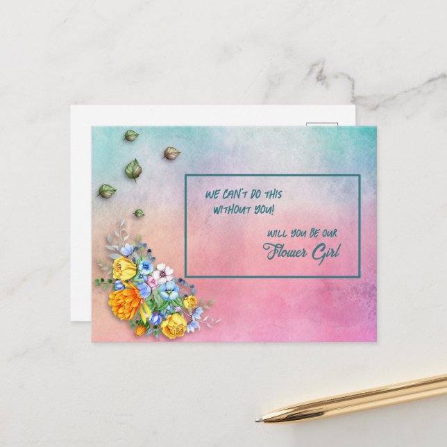 Turkos till Rosa Gradient Blommigt Bouquet Flower Meddelande Vykort (Fram/Back In Situ)