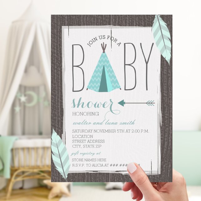 Turkos Tipi + Feathers Baby Shower Inbjudningar (Skapare uppladdad)