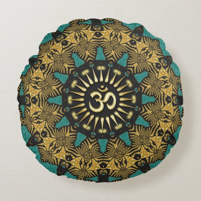 Turkos Tribal Mandala Om-symbol Rund Kuddöverdrag Kudde (Framsidan)