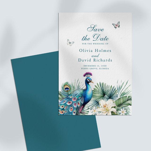 Turkos Tropisk Påfågel Bröllop Spara Datum-kort Datumet (Teal Tropical Peacock Wedding Save the Date Card on a white table)