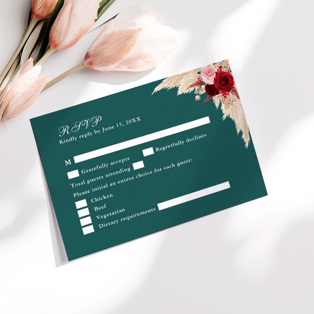 Turkos Tropiska Rosor Bröllop RSVP-kort Tack Kort (Teal Tropical Roses Wedding RSVP Card on sunny white table with pale pink flowers.)