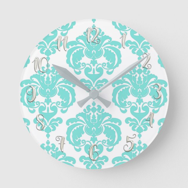 Turkos Turkos & Vit Damask Modern Personlig Rund Klocka (Framsida)